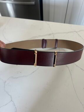 BCBG Women's Wide Burgundy Leather Belt with Gold Accents